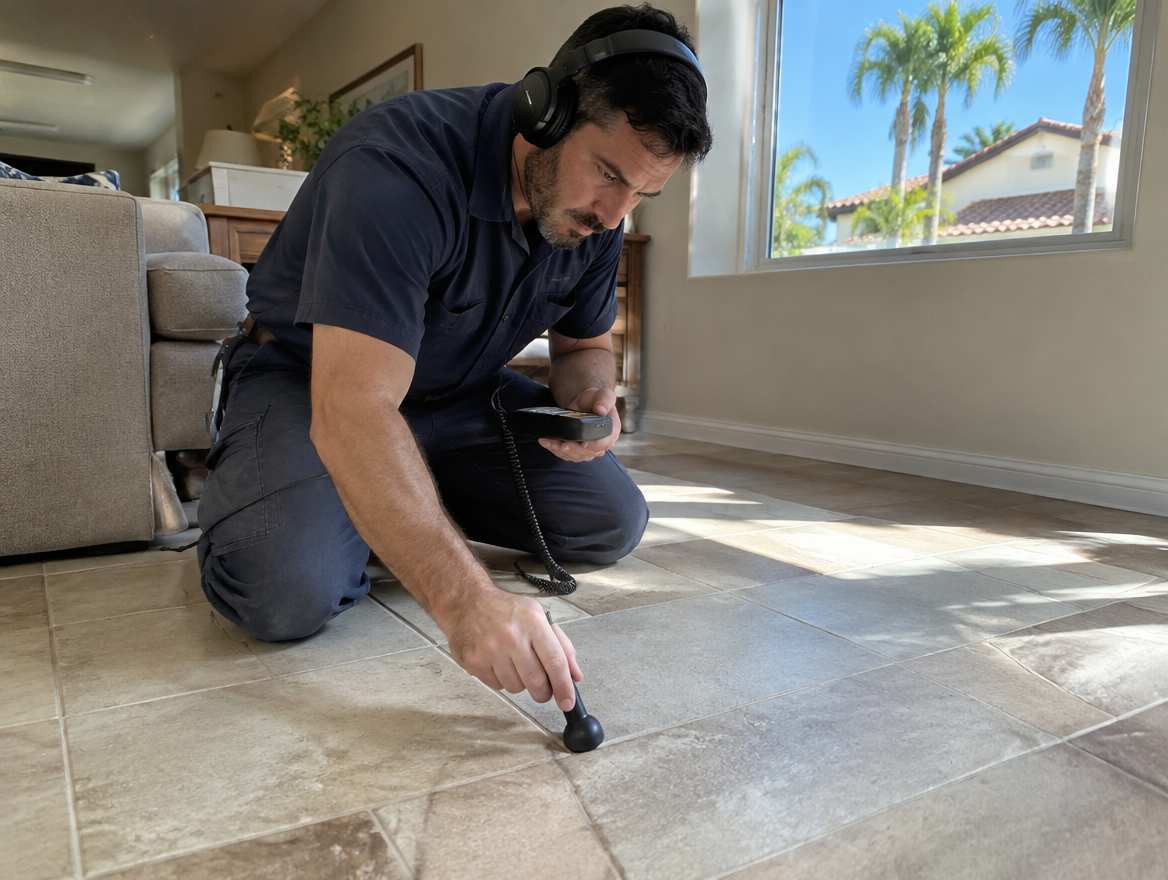 A plumber using electronic leak-detection equipment to find a hidden pipe leak
