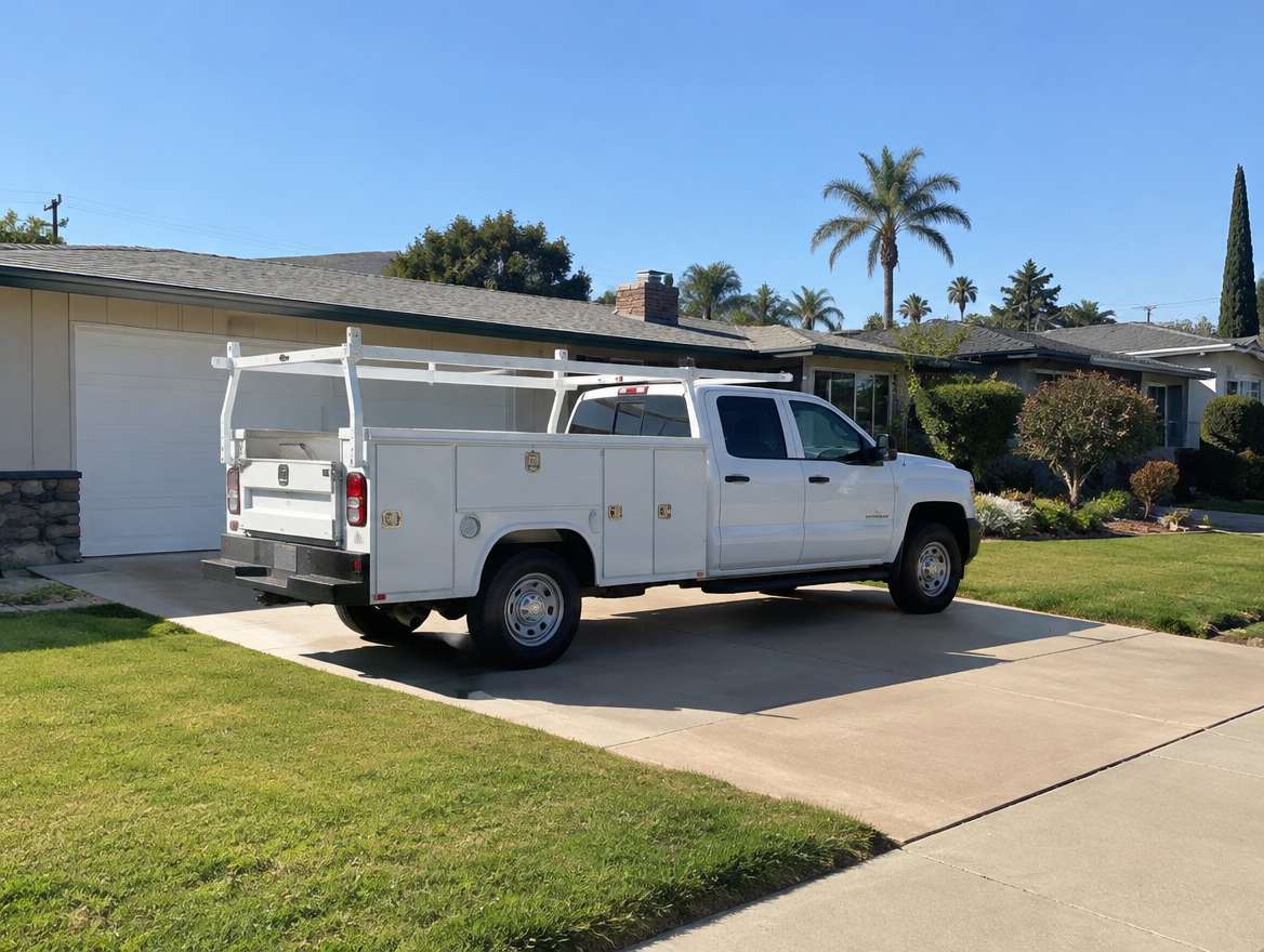 An unmarked plumbing service van parked at a home in Fullerton, California