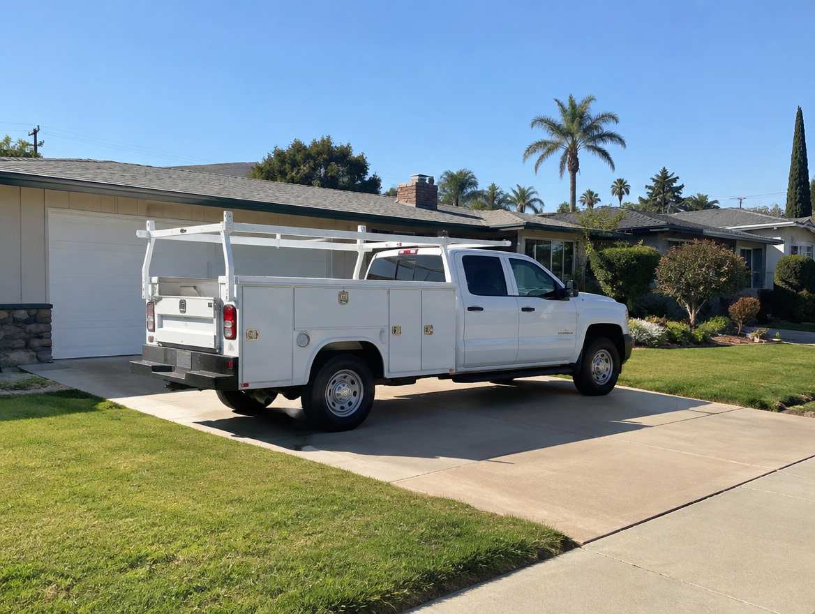 An unmarked plumbing service van parked at a home in Fullerton, California