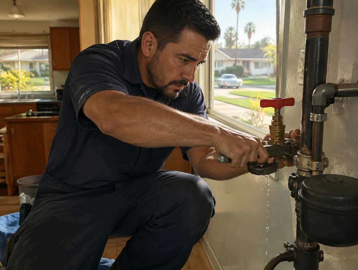 A plumber shutting off the water main during a plumbing emergency