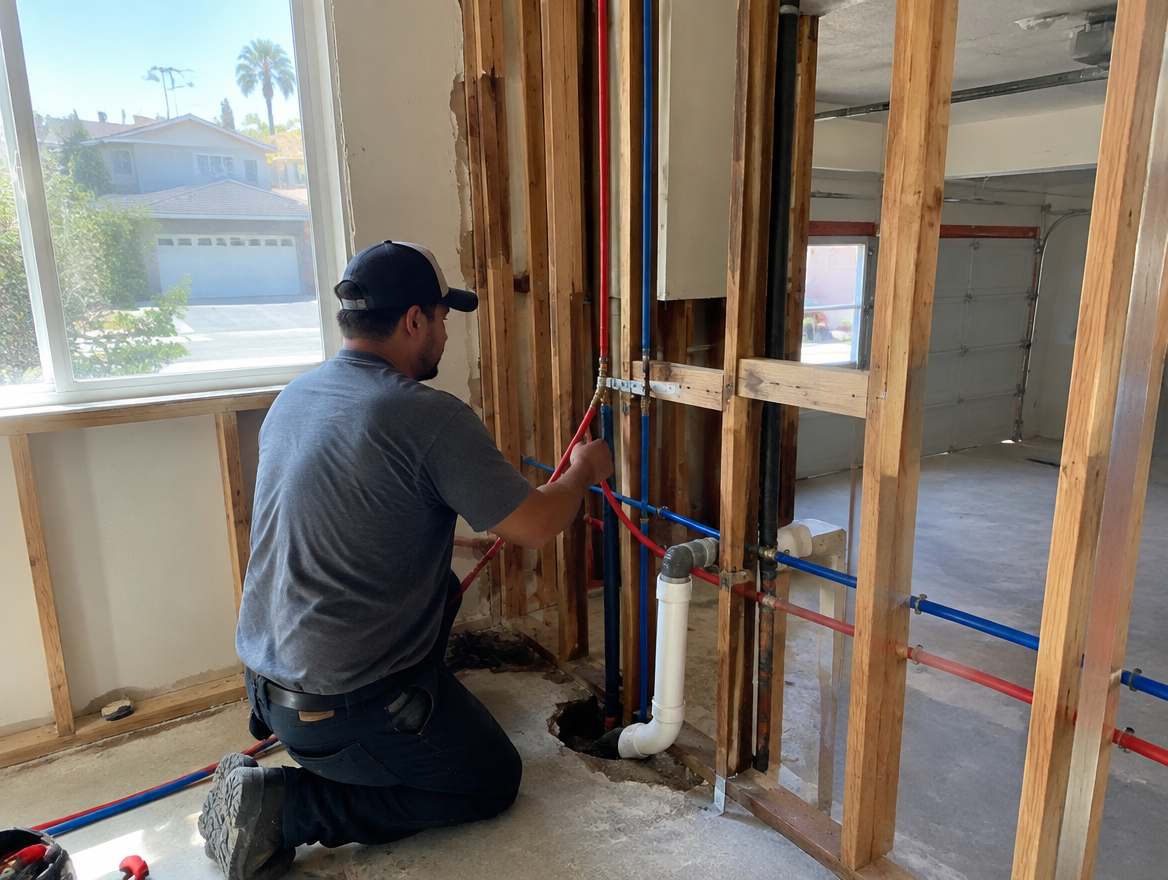 A plumber installing new PEX water lines through an open wall during a repipe