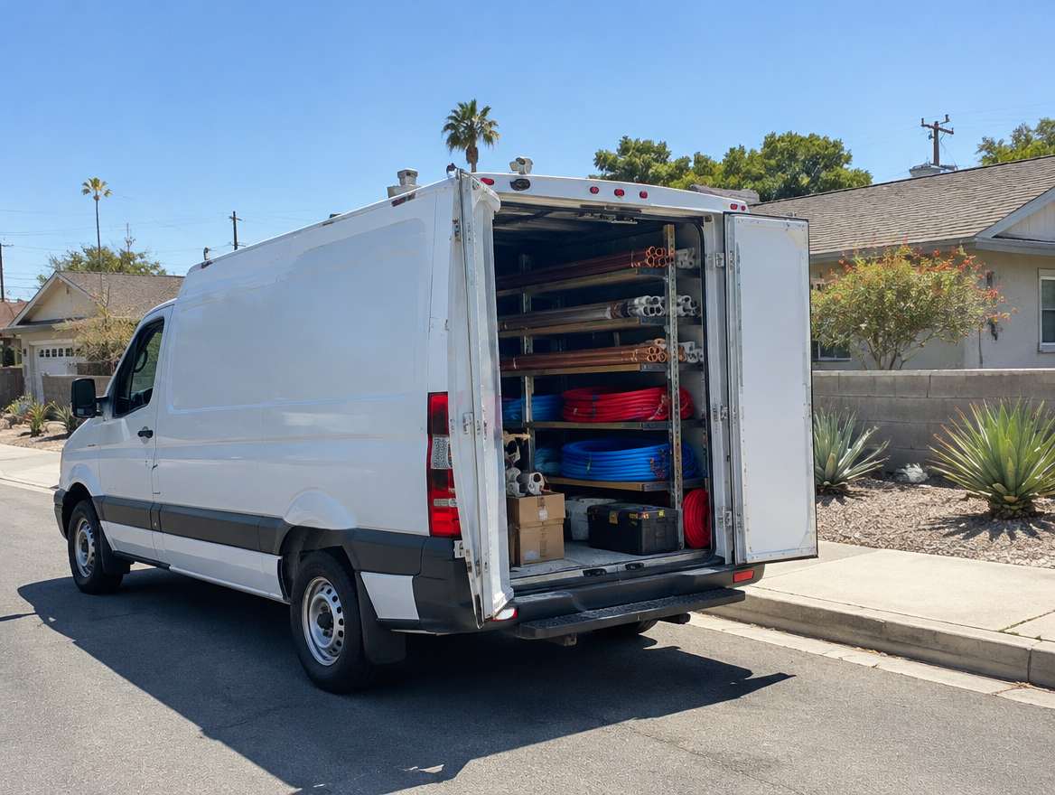 An unmarked plumbing service van parked at a home in Fullerton, California