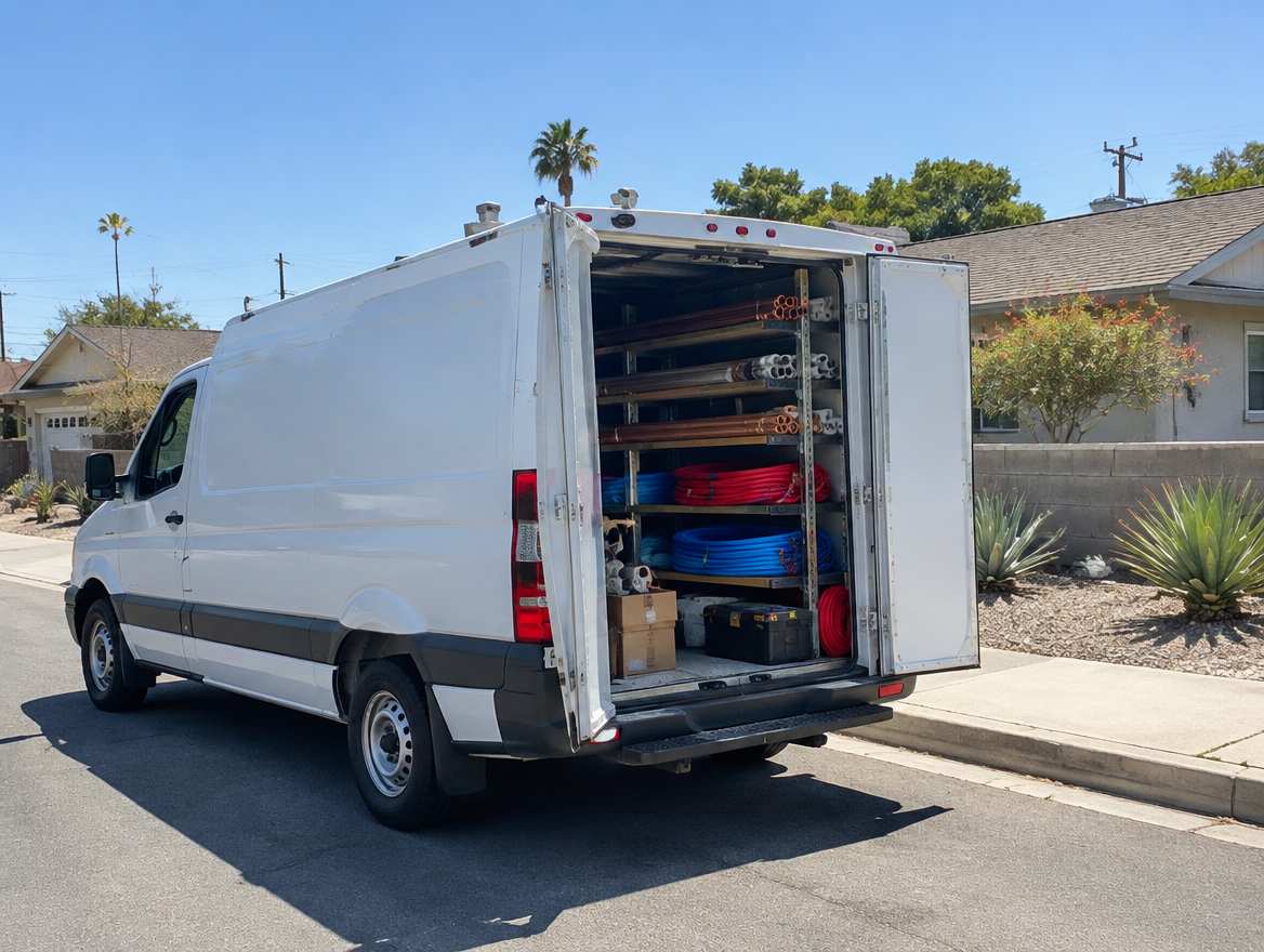 An unmarked plumbing service van parked at a home in Fullerton, California