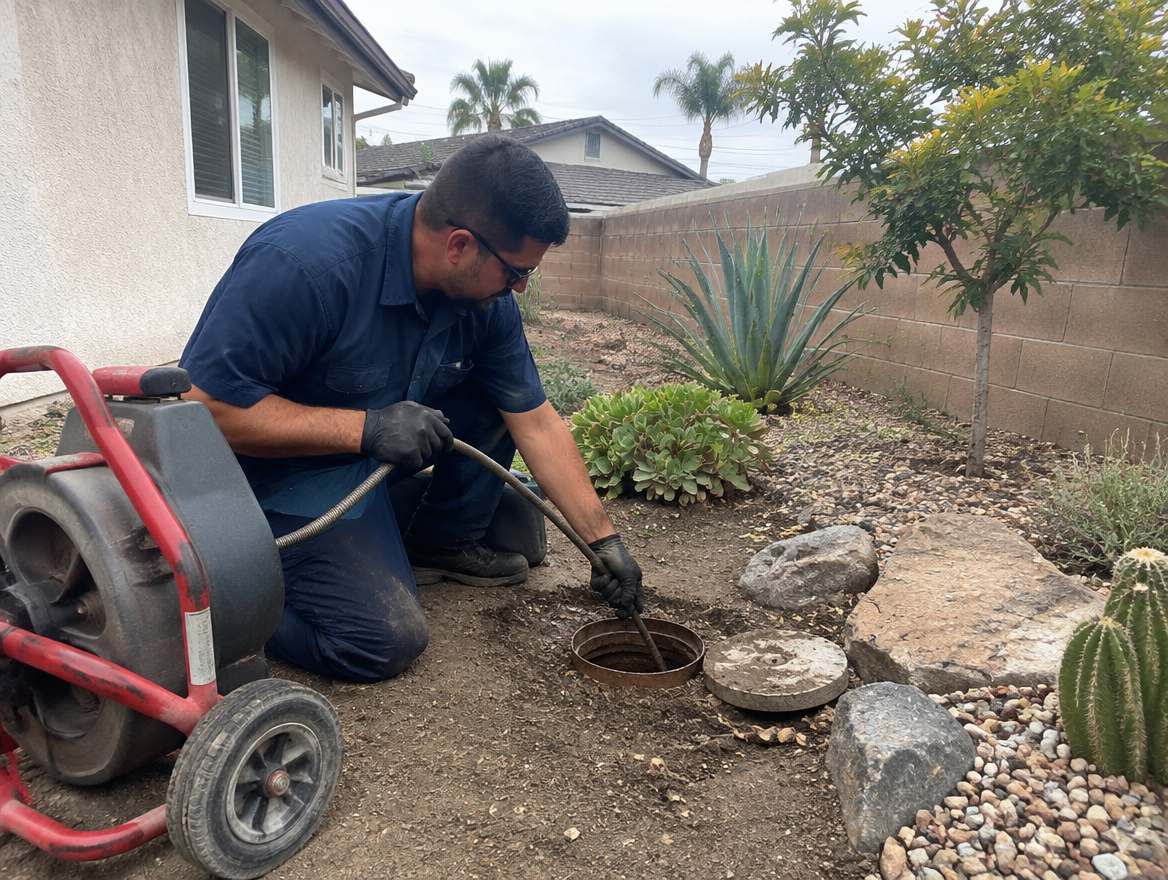 A plumber feeding a motorized sewer cable into an outdoor sewer cleanout