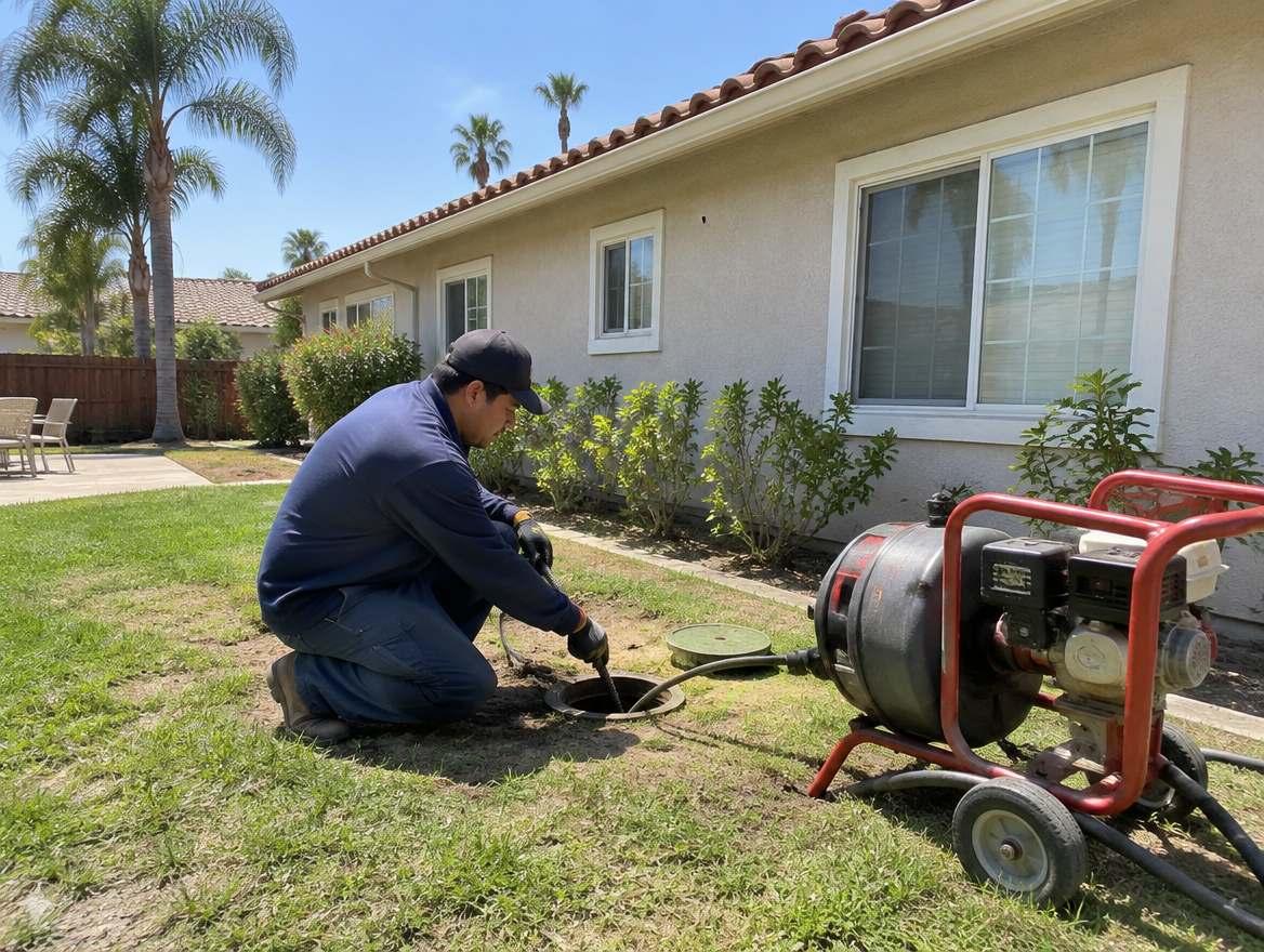 A plumber feeding a motorized sewer cable into an outdoor sewer cleanout