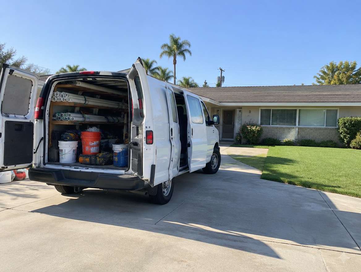 An unmarked plumbing service van parked at a home in Fullerton, California