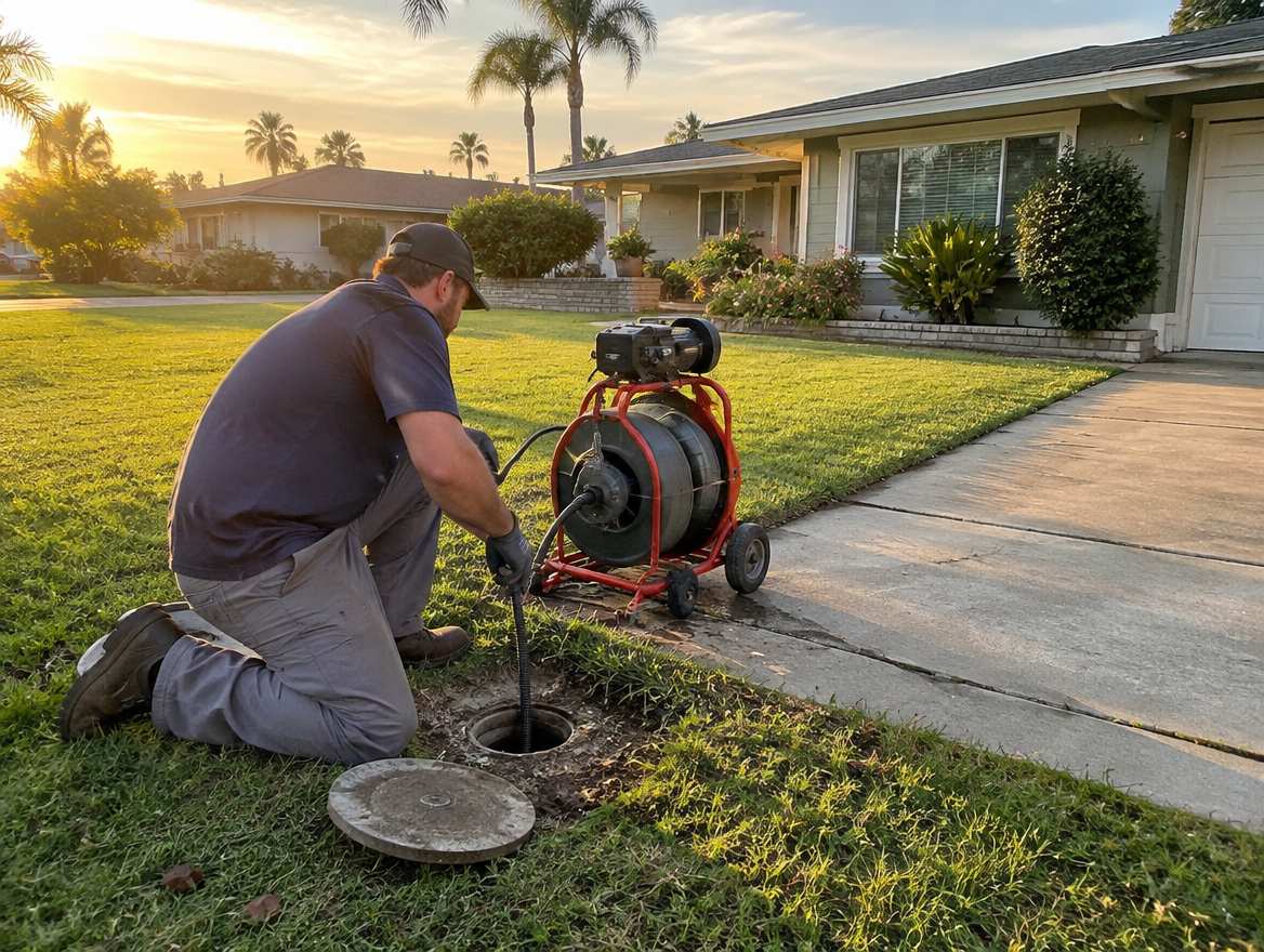 A plumber feeding a motorized sewer cable into an outdoor sewer cleanout