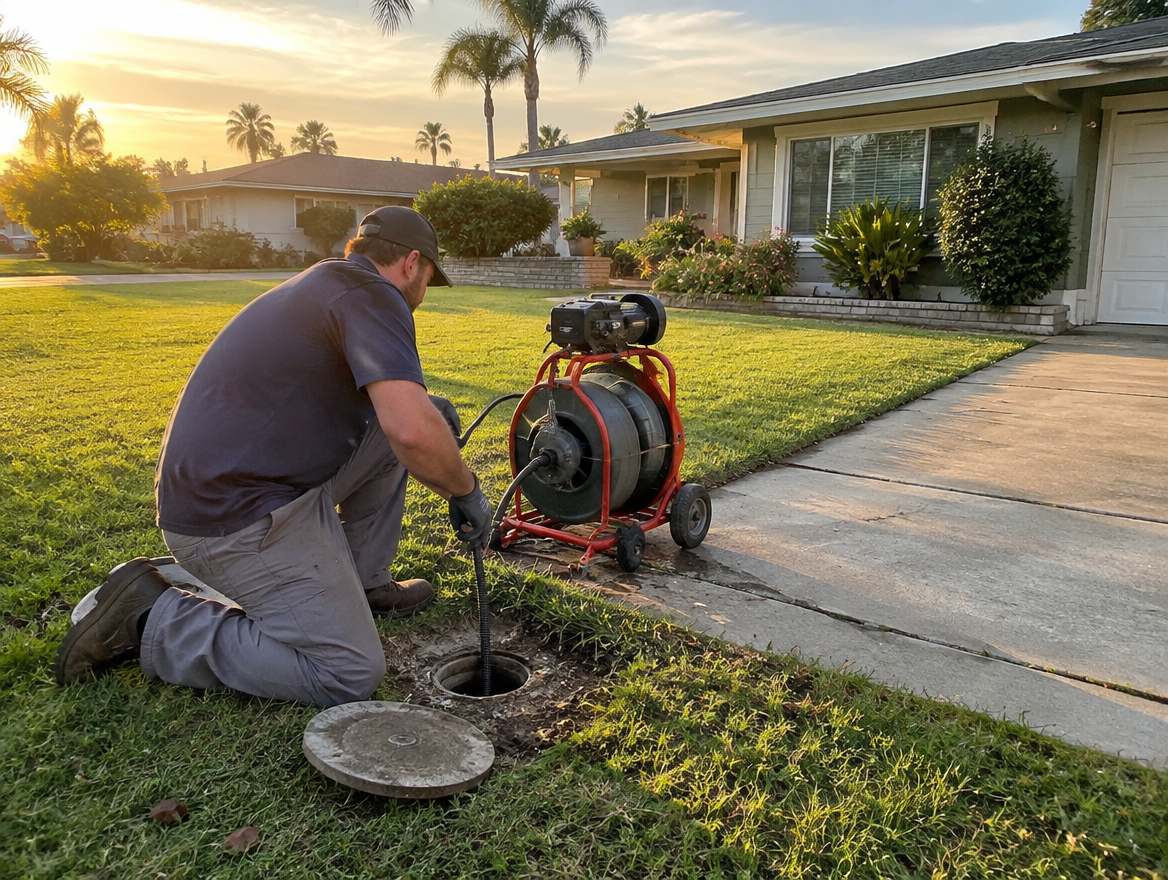 A plumber feeding a motorized sewer cable into an outdoor sewer cleanout
