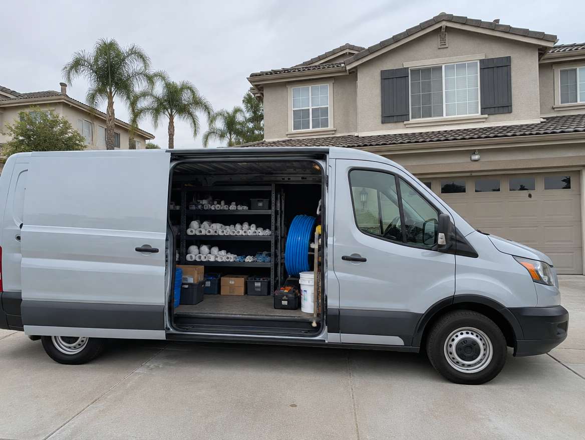 An unmarked plumbing service van parked at a home in Fullerton, California