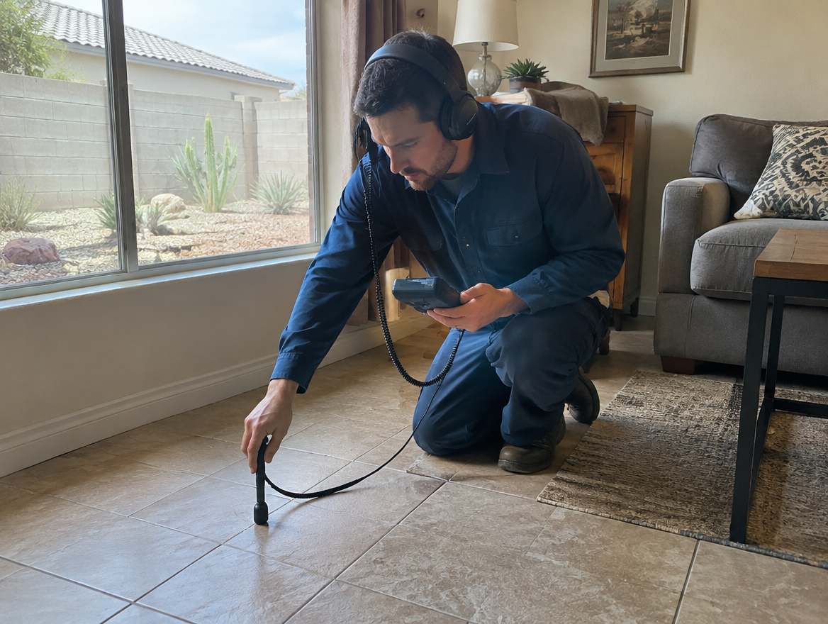 A plumber using electronic leak-detection equipment to find a hidden pipe leak