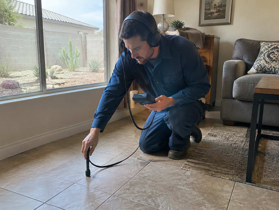 A plumber using electronic leak-detection equipment to find a hidden pipe leak