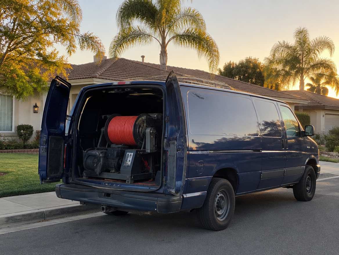 An unmarked plumbing service van parked at a home in Fullerton, California
