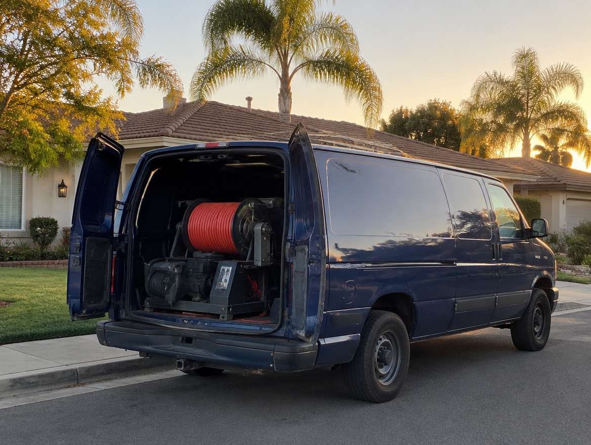 An unmarked plumbing service van parked at a home in Fullerton, California