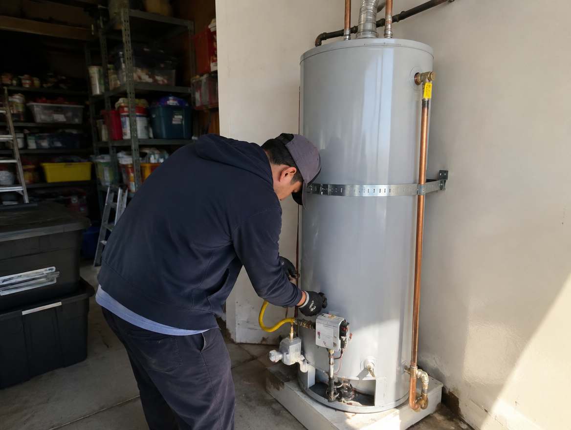 A plumber connecting the water and gas lines on a residential water heater