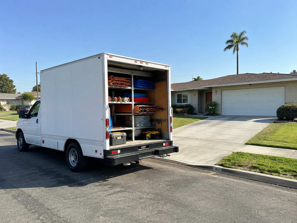 An unmarked plumbing service van parked at a home in Fullerton, California