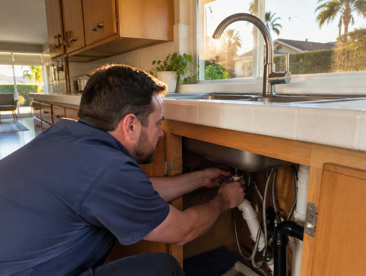 A plumber installing a new kitchen faucet and supply lines