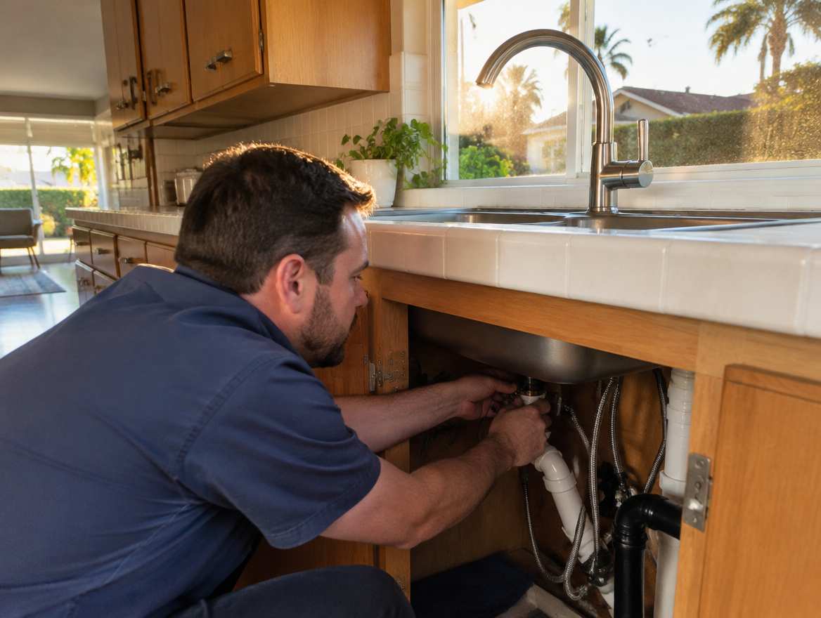 A plumber installing a new kitchen faucet and supply lines