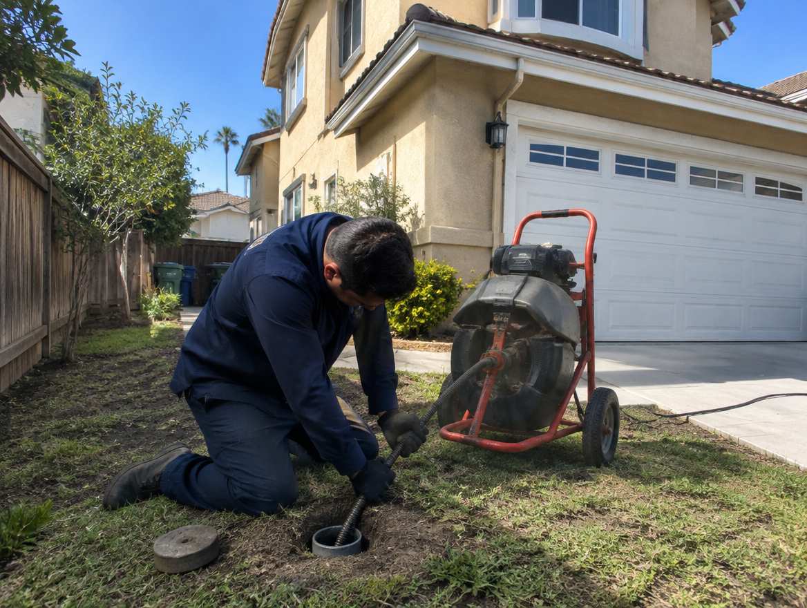 A plumber feeding a motorized sewer cable into an outdoor sewer cleanout