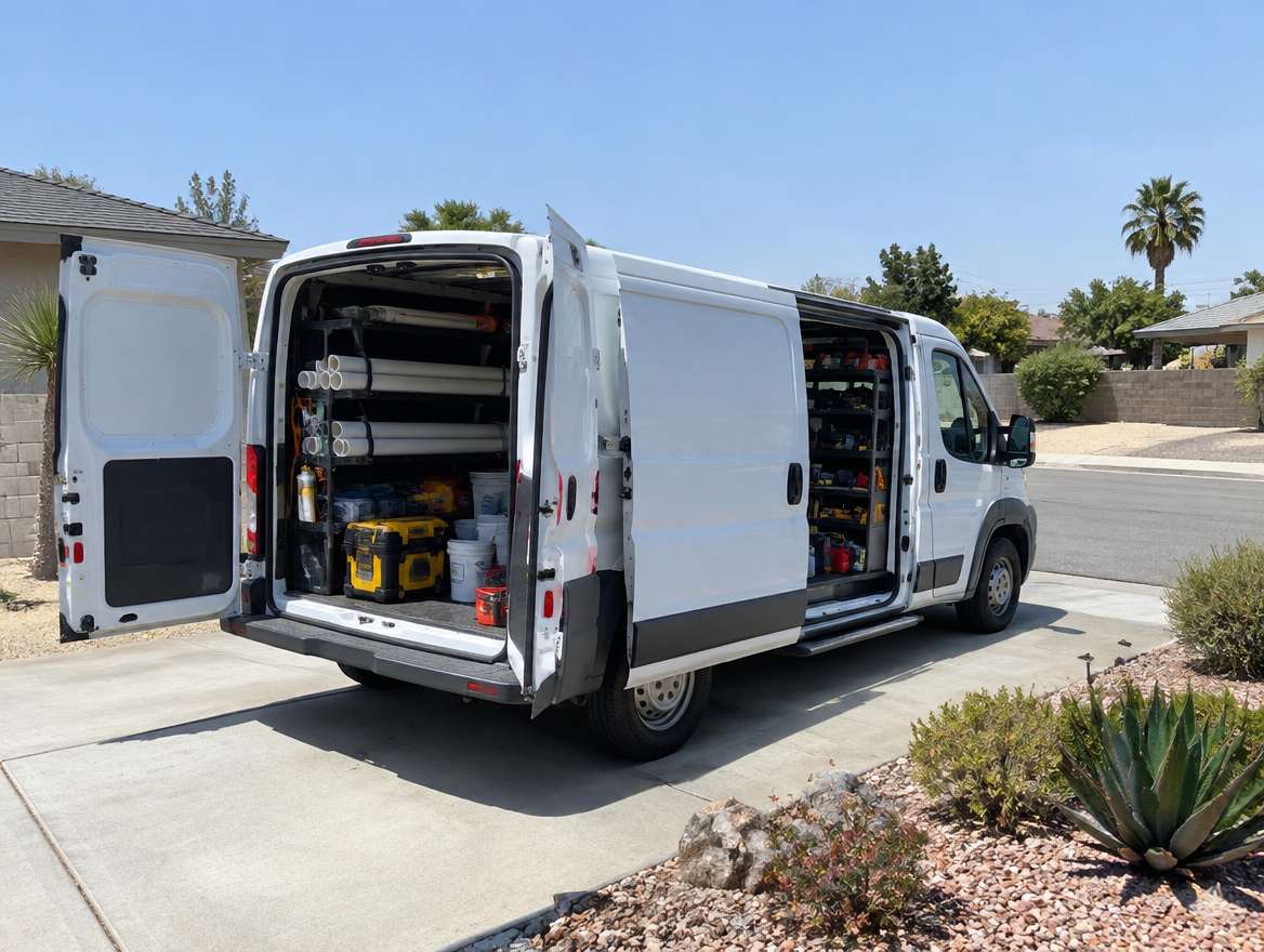 An unmarked plumbing service van parked at a home in Fullerton, California