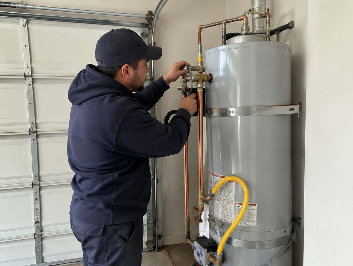 A plumber connecting the water and gas lines on a residential water heater