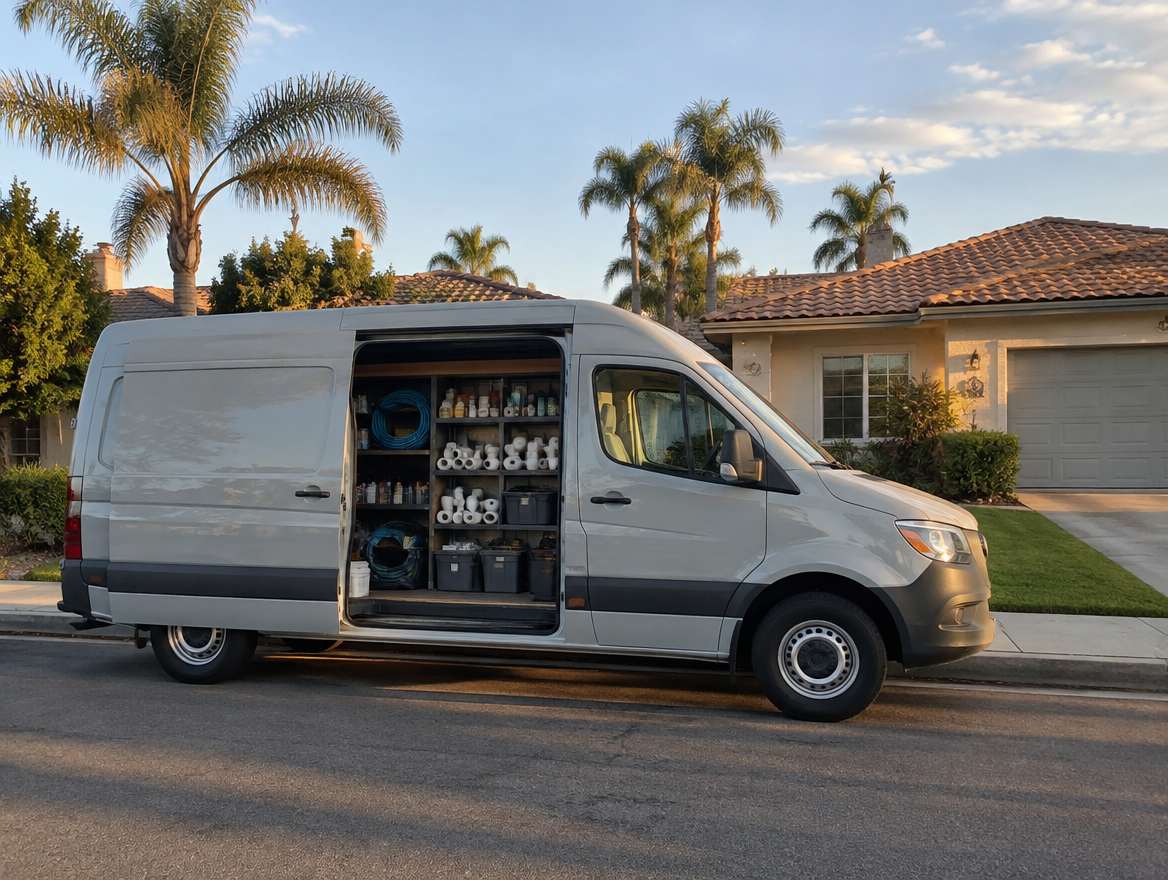 An unmarked plumbing service van parked at a home in Fullerton, California