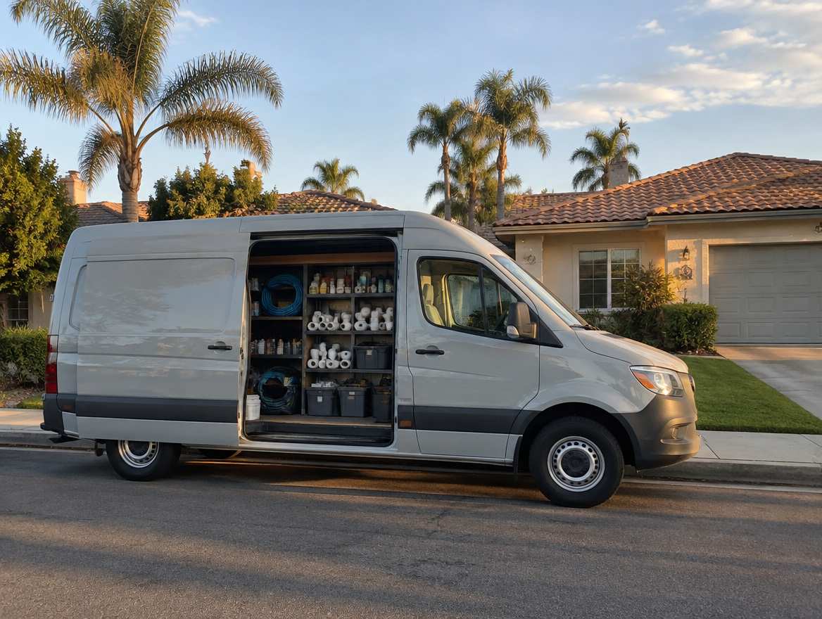 An unmarked plumbing service van parked at a home in Fullerton, California