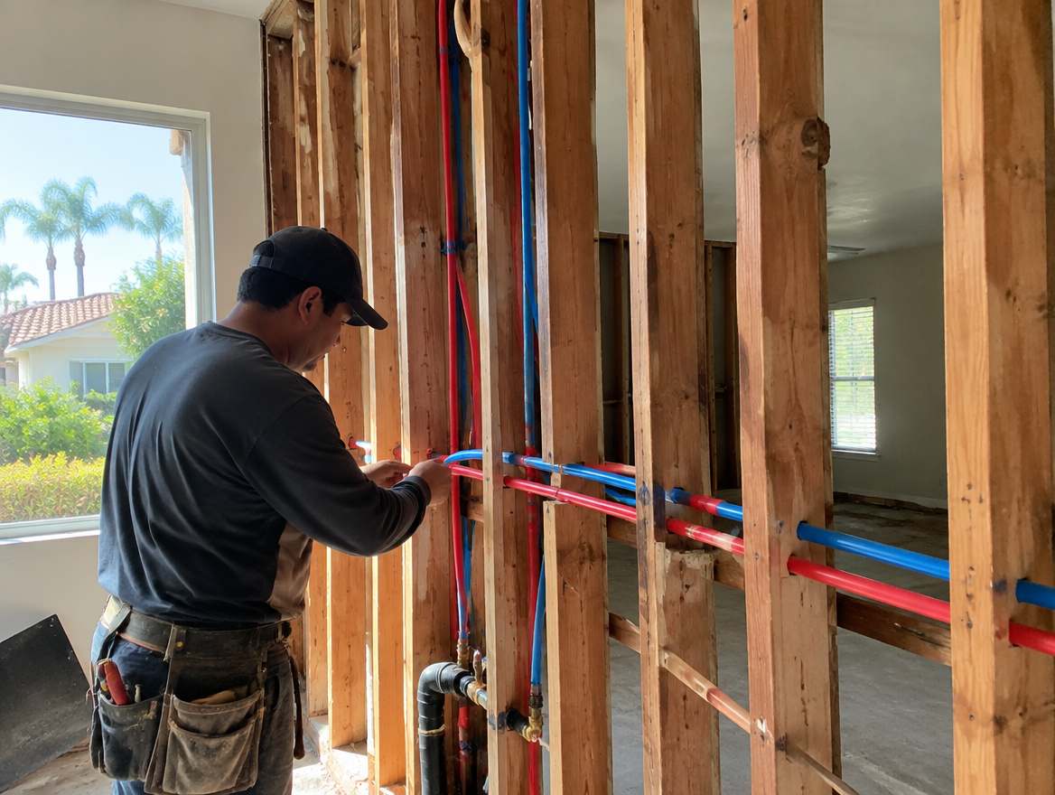 A plumber installing new PEX water lines through an open wall during a repipe