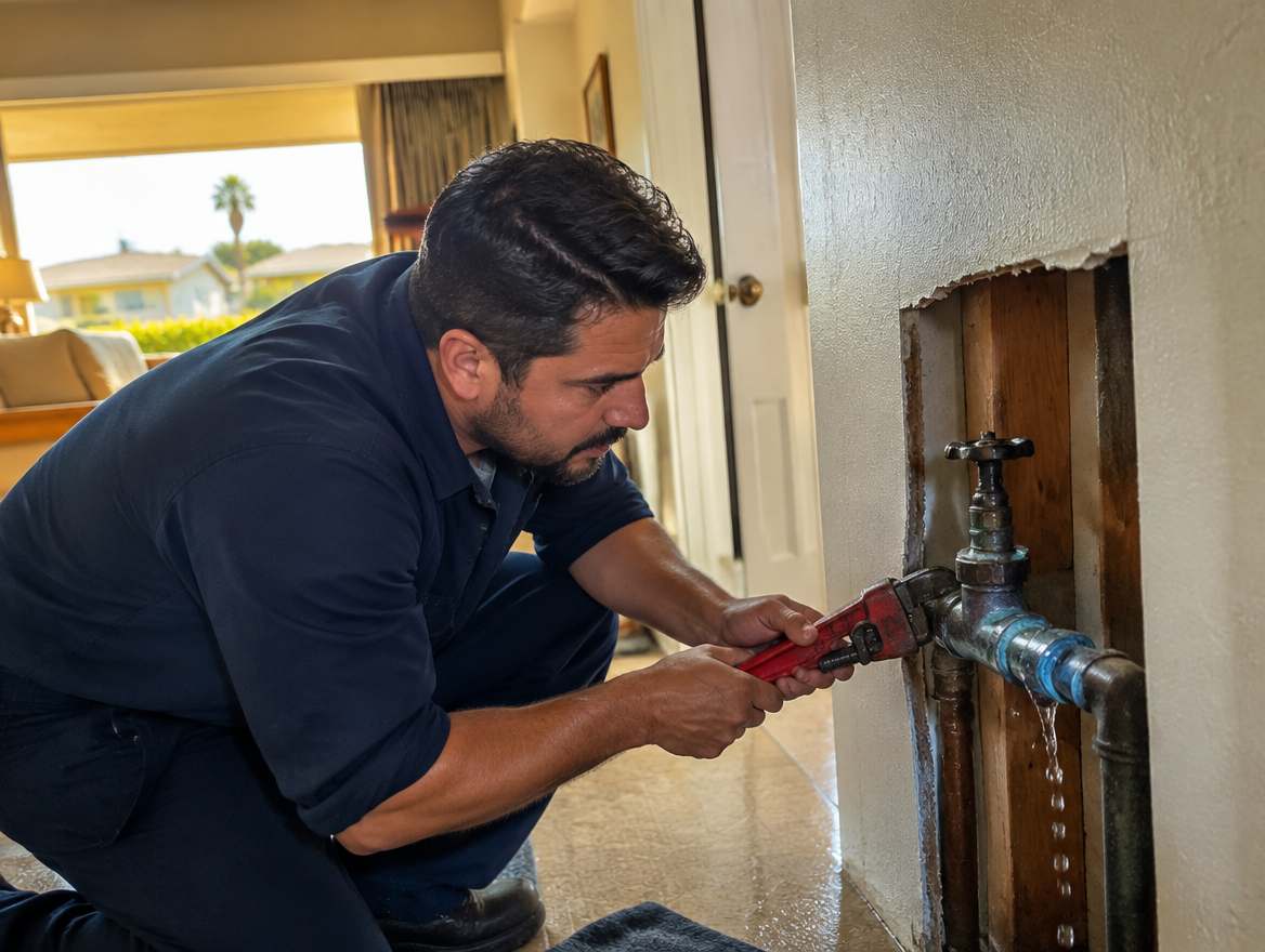 A plumber shutting off the water main during a plumbing emergency