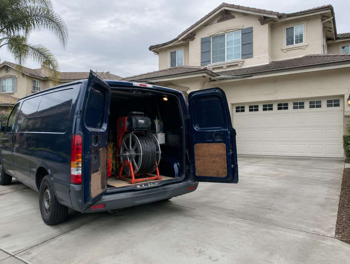 An unmarked plumbing service van parked at a home in Garden Grove, California