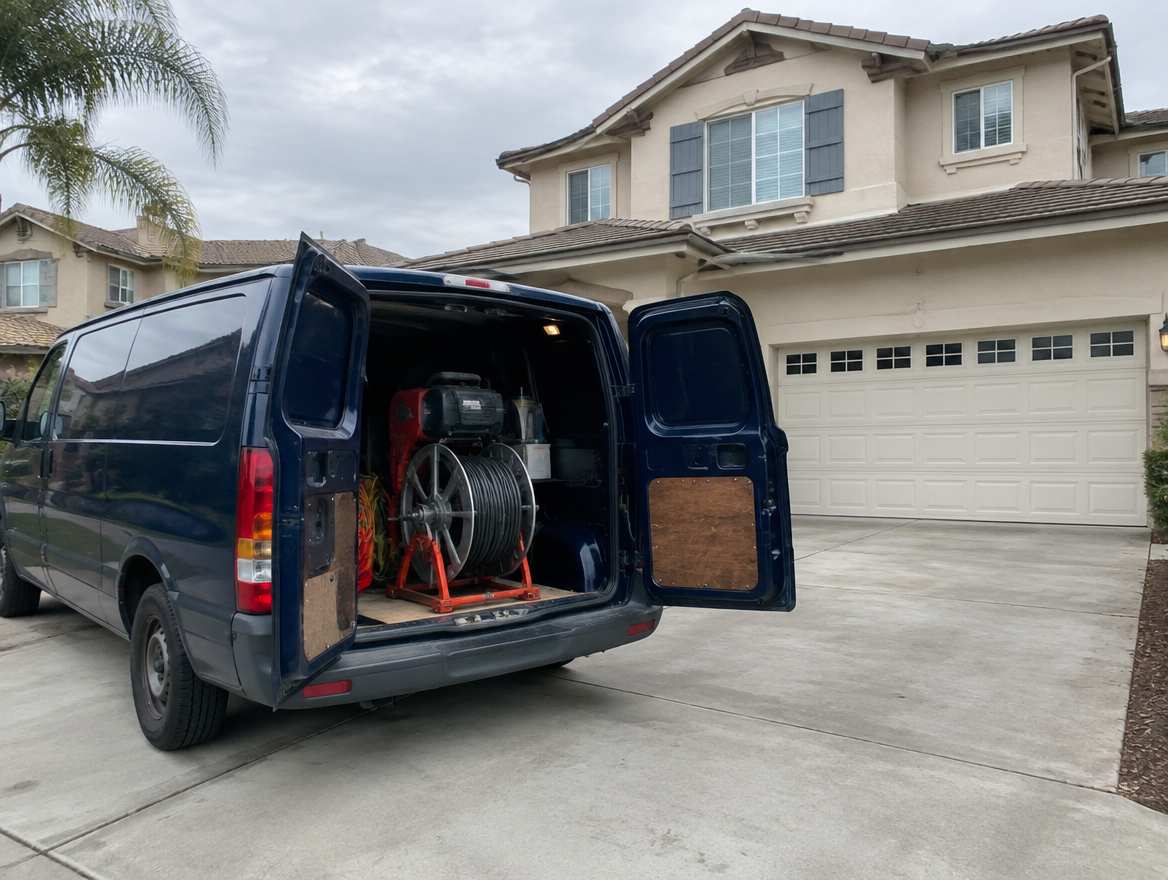 An unmarked plumbing service van parked at a home in Garden Grove, California