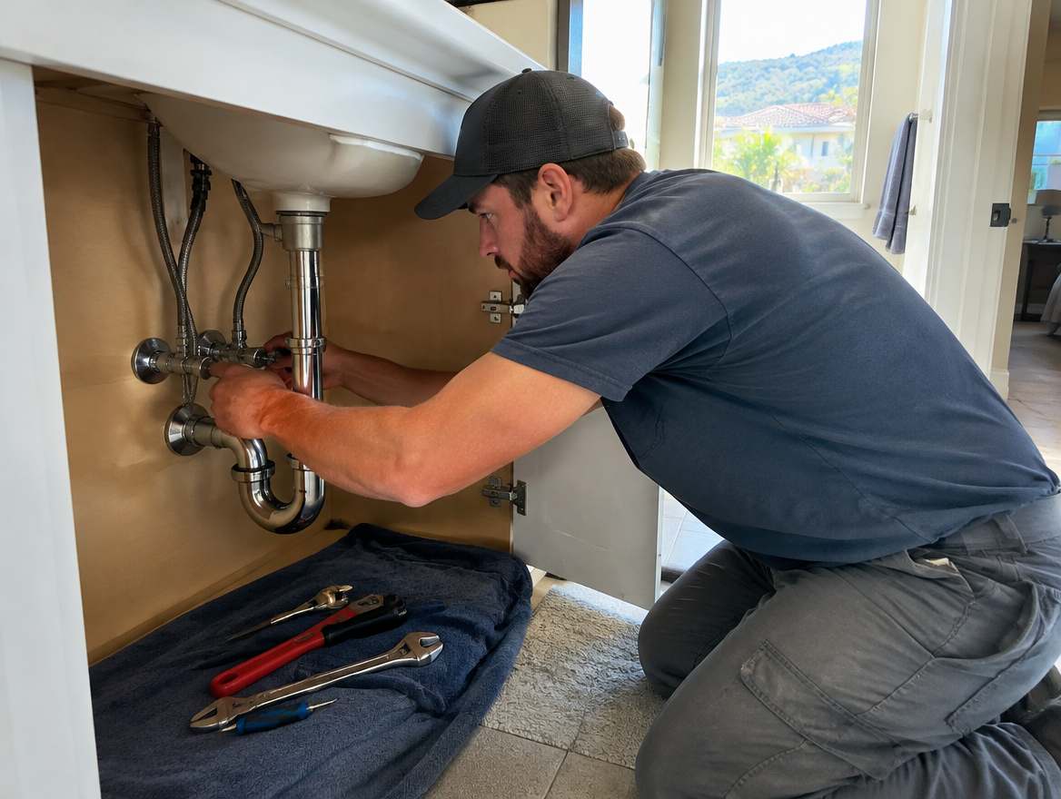 A plumber working under a sink on home plumbing