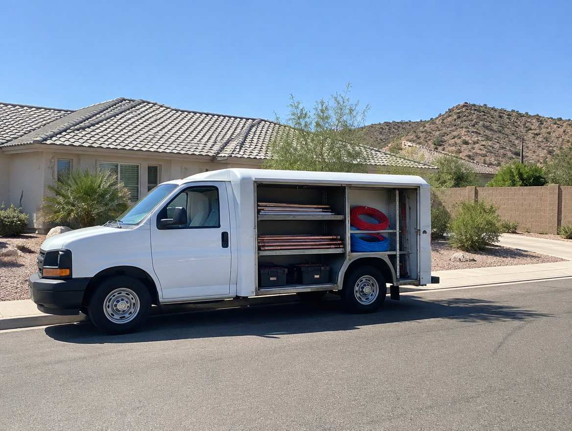 An unmarked plumbing service van parked at a home in Golden Hills, California