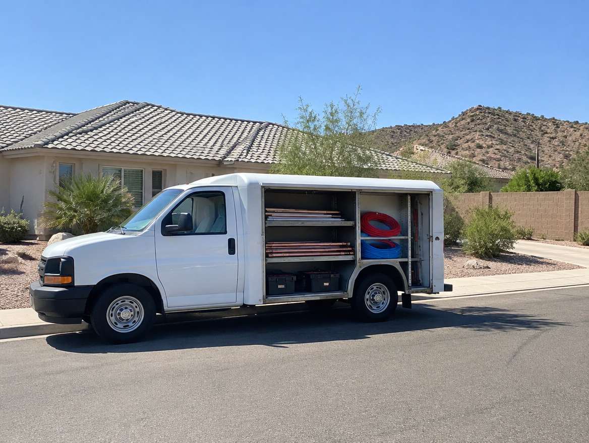 An unmarked plumbing service van parked at a home in Golden Hills, California