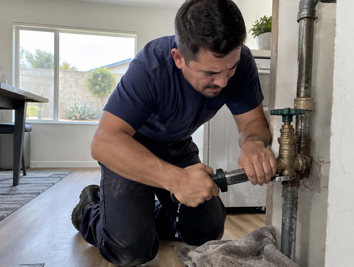 A plumber shutting off the water main during a plumbing emergency