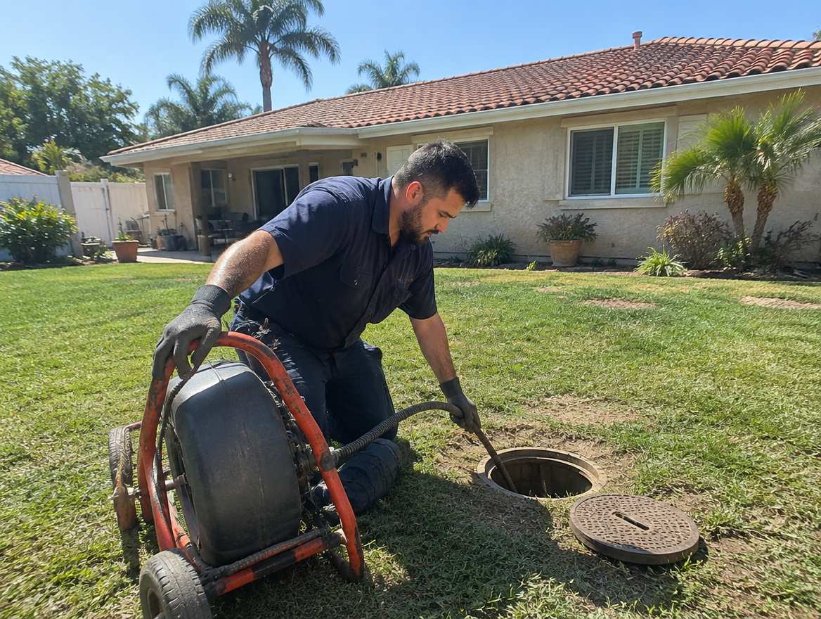 A plumber feeding a motorized sewer cable into an outdoor sewer cleanout
