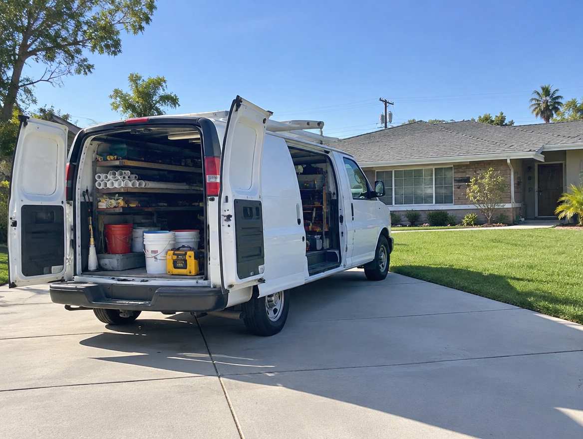 An unmarked plumbing service van parked at a home in La Habra, California