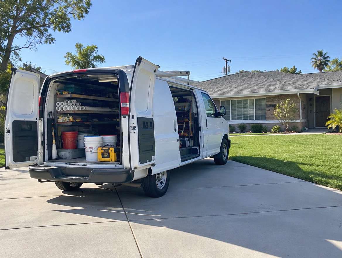 An unmarked plumbing service van parked at a home in La Habra, California