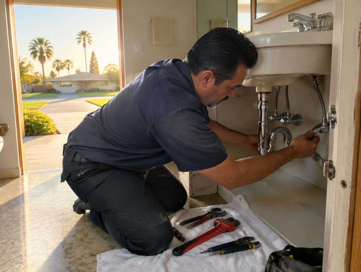 A plumber working under a sink on home plumbing