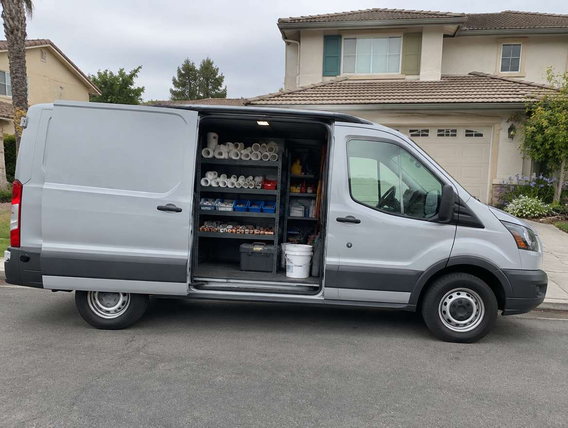 An unmarked plumbing service van parked at a home in La Mirada, California