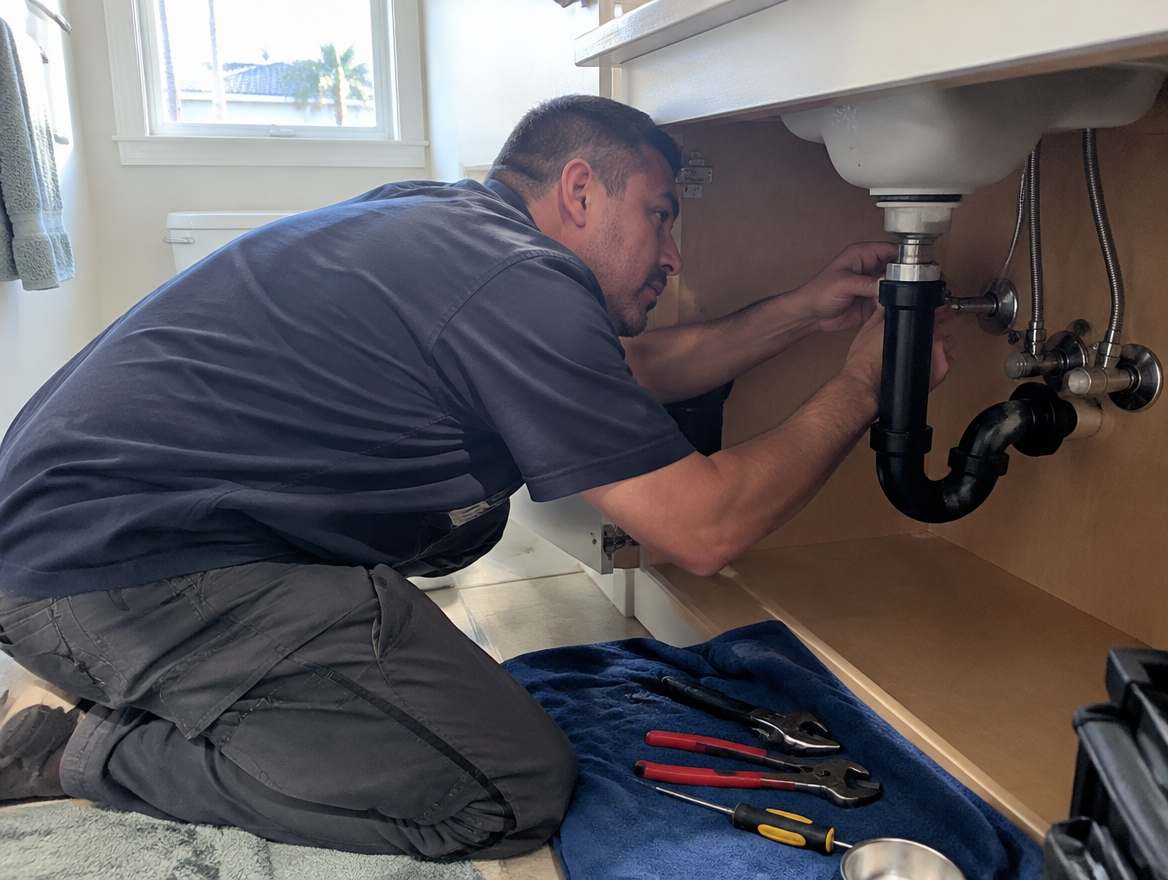 A plumber working under a sink on home plumbing