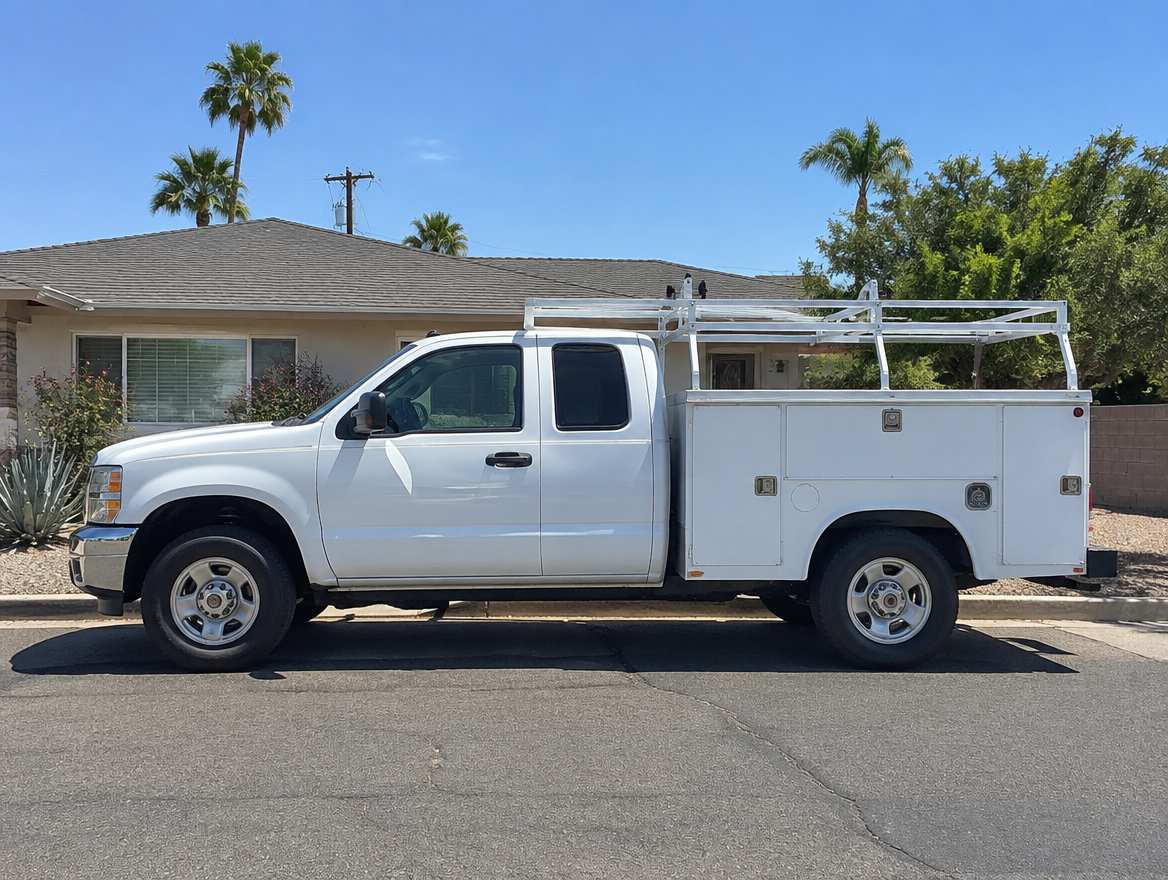 An unmarked plumbing service van parked at a home in La Palma, California
