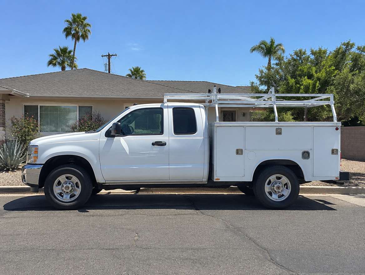 An unmarked plumbing service van parked at a home in La Palma, California
