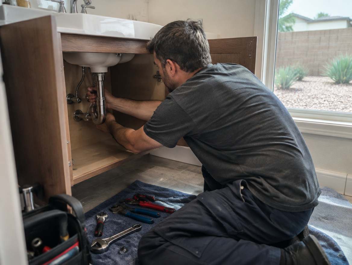 A plumber working under a sink on home plumbing