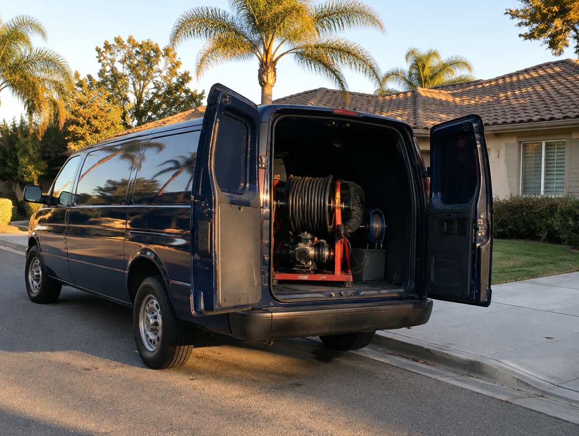 An unmarked plumbing service van parked at a home in North Orange County, California
