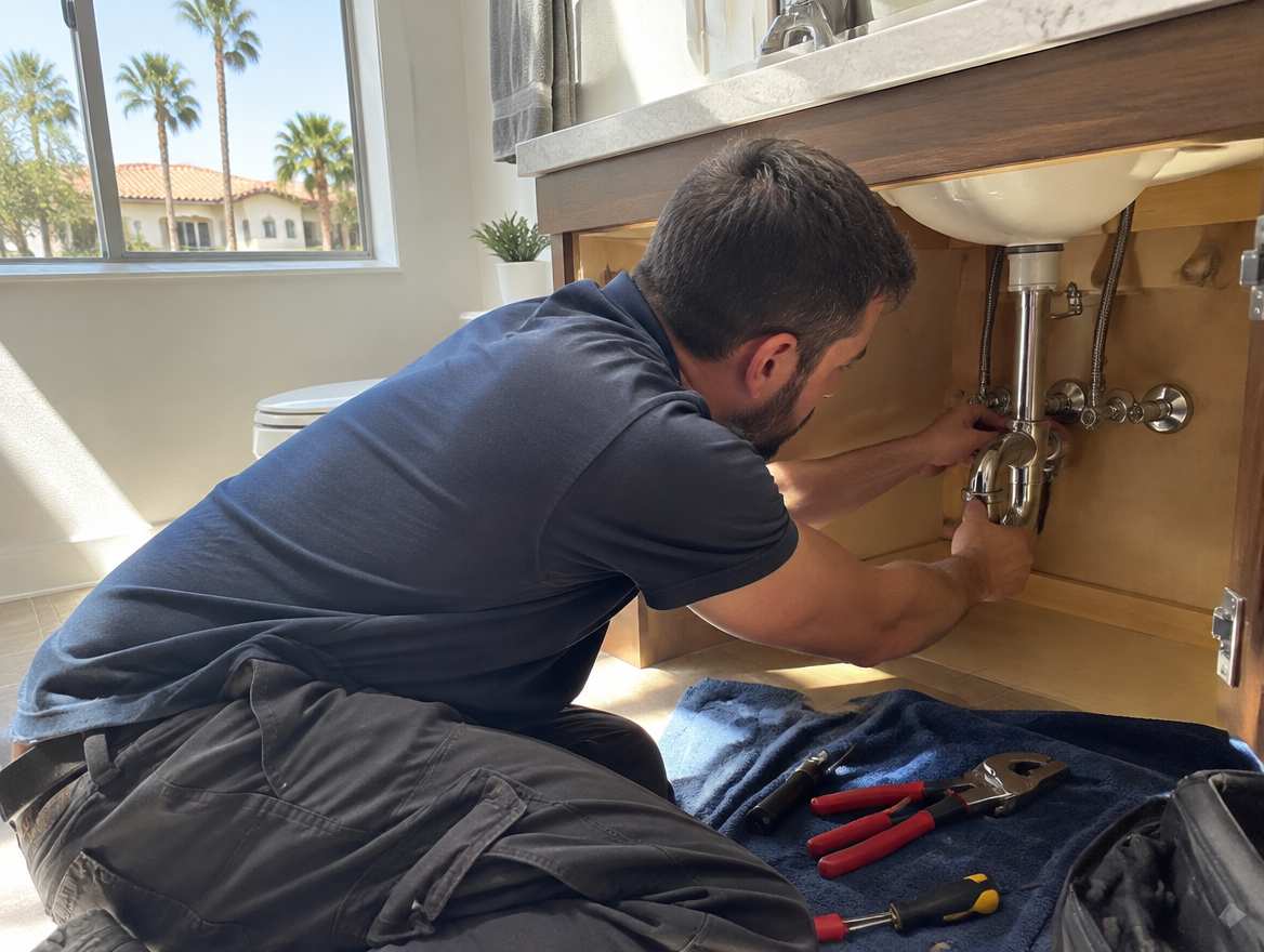 A plumber working under a sink on home plumbing