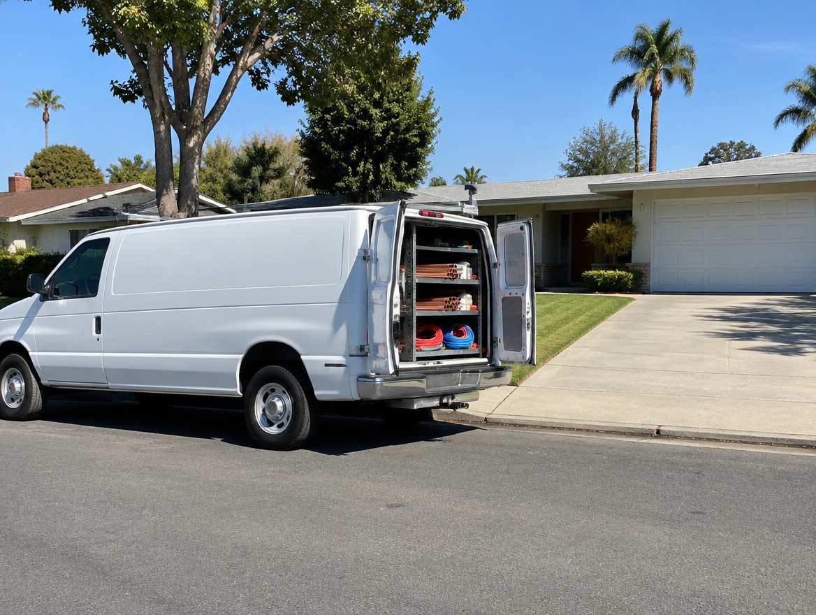 An unmarked plumbing service van parked at a home in Old Towne Orange, California