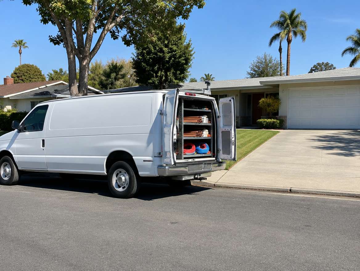 An unmarked plumbing service van parked at a home in Old Towne Orange, California