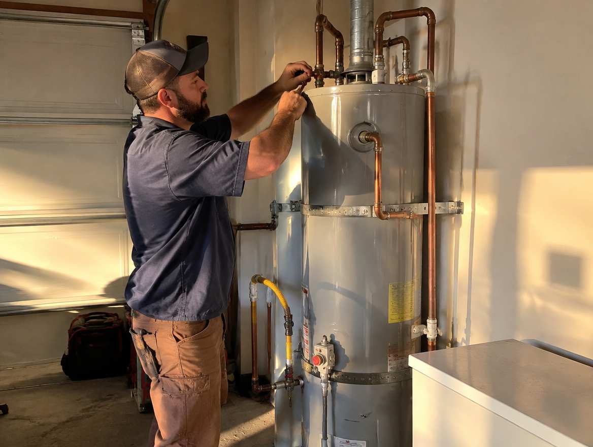 A plumber connecting the water and gas lines on a residential water heater