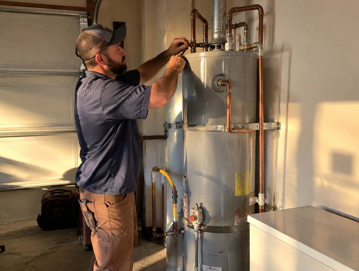 A plumber connecting the water and gas lines on a residential water heater