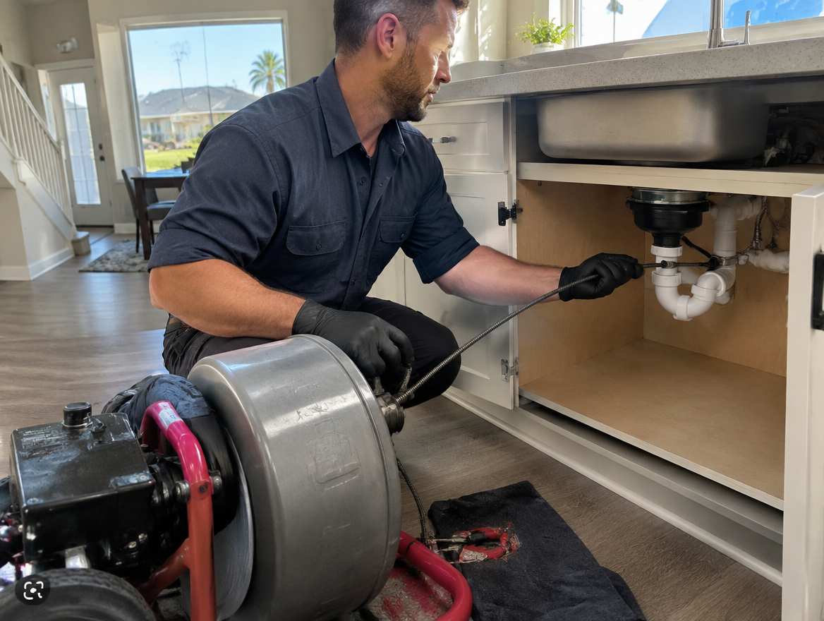 A plumber clearing a clogged drain with a powered drain-cleaning machine under a kitchen sink